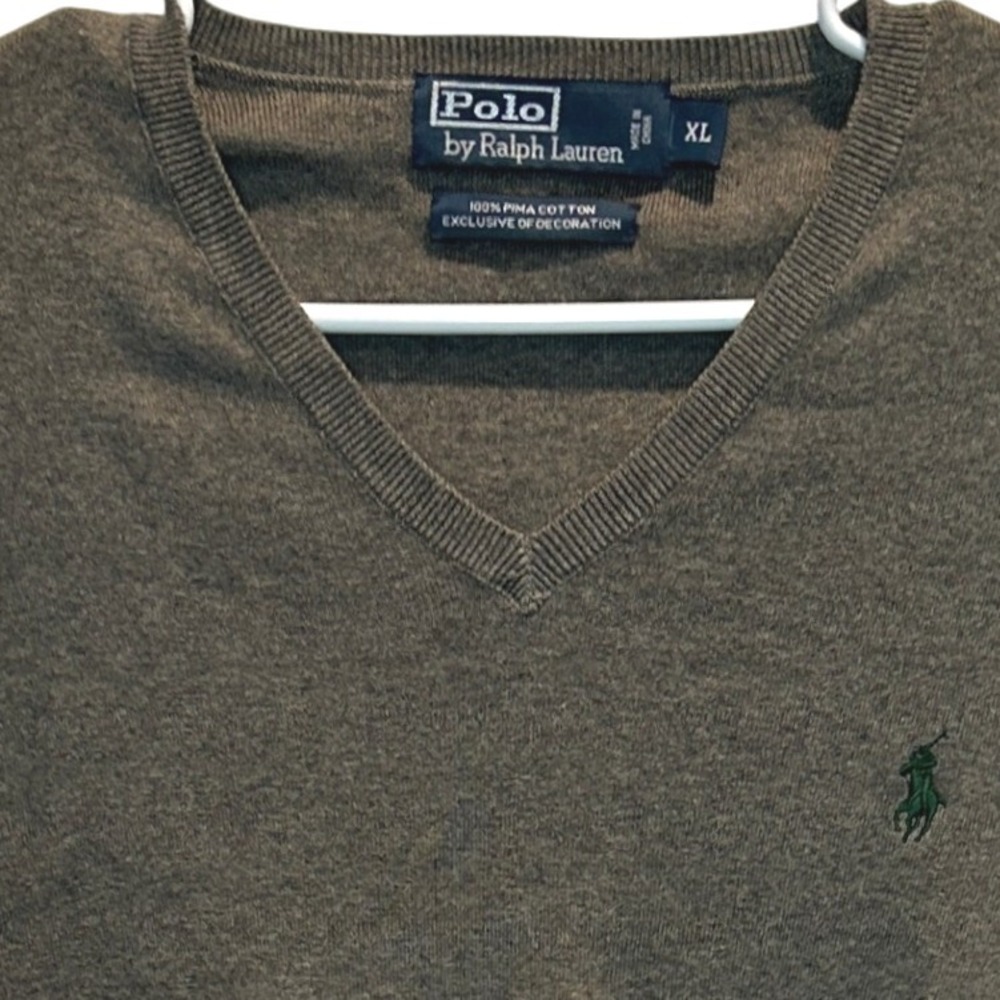 Polo by Ralph Lauren Men's V Neck Sweater‎ Gray 100% Pima Cotton Pony Logo